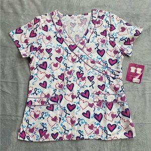 Scrub Top Small Womens NWT Hearts Valentines Ribbon Delta Uniforms